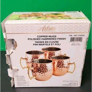 Artisan Products set of 4 copper mugs polished hammered finish 16 fl oz Open Box